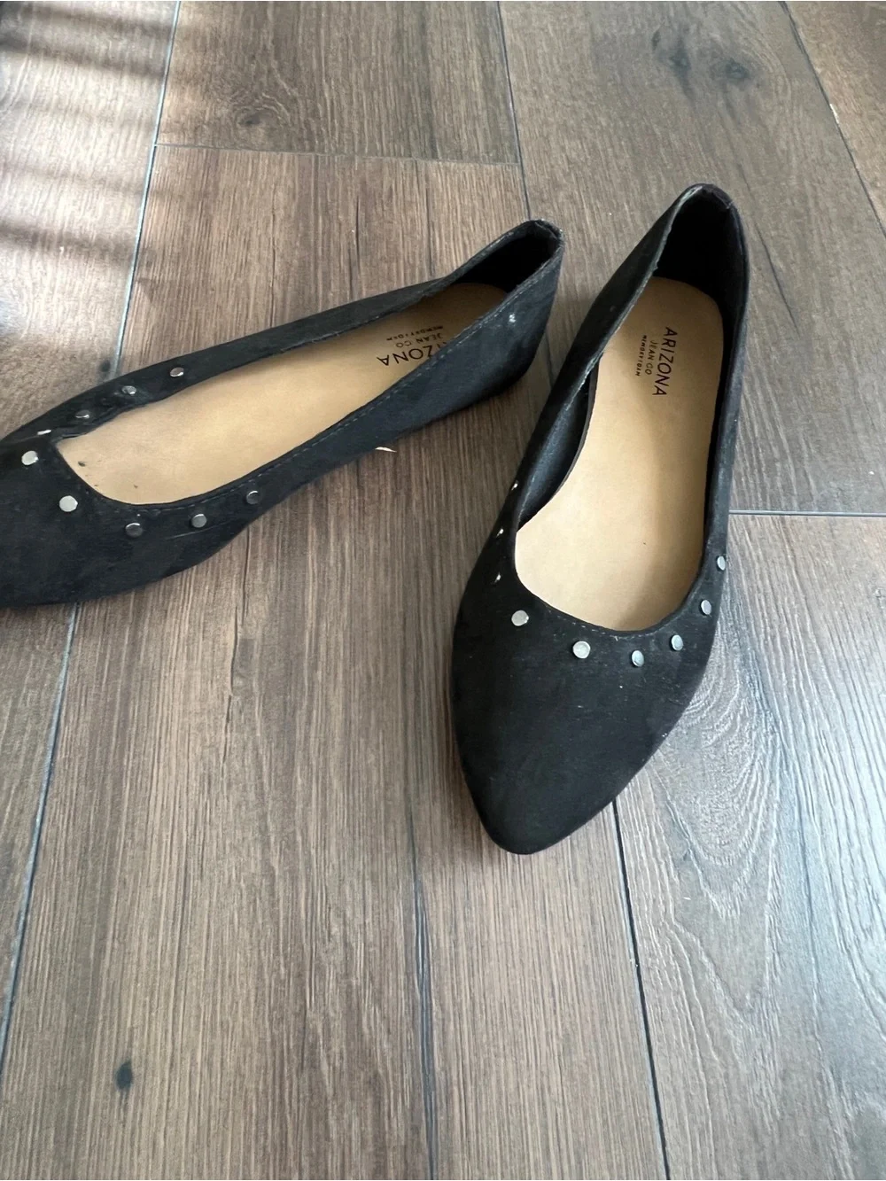Arizona Jean Company Black Pointed-Toe Flats with Silver Stud Accents